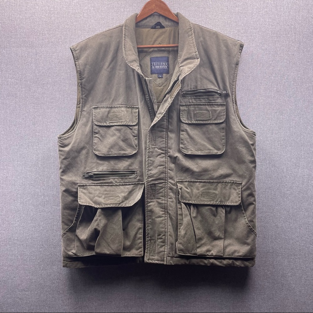 Editions by Van Heusen Dark Olive Quilted Lined Multi Pocket Vtg Utility Vest L